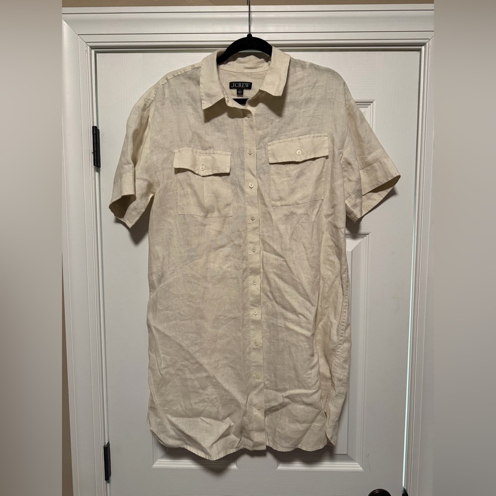J. Crew Collared Linen Button Down Shirt Dress Beige Cream Women’s Small Preppy - Picture 2 of 4